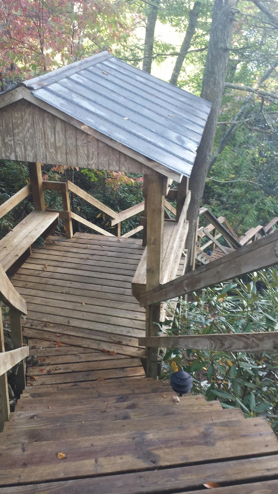 Metal roofed shelter over wooden steps on a wooded walkway — Skylight Repair & Installation work by our crew in Worthington